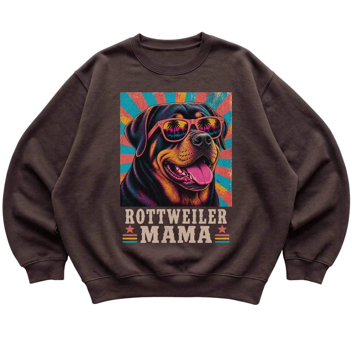 Retro Rottweiler Mama design on a Dark Chocolate crewneck sweatshirt
