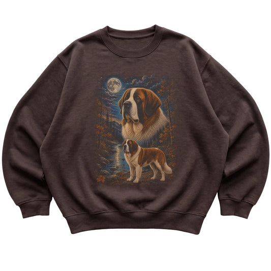 dark chocolate sweatshirt with Saint Bernard Autumn Moon artwork.