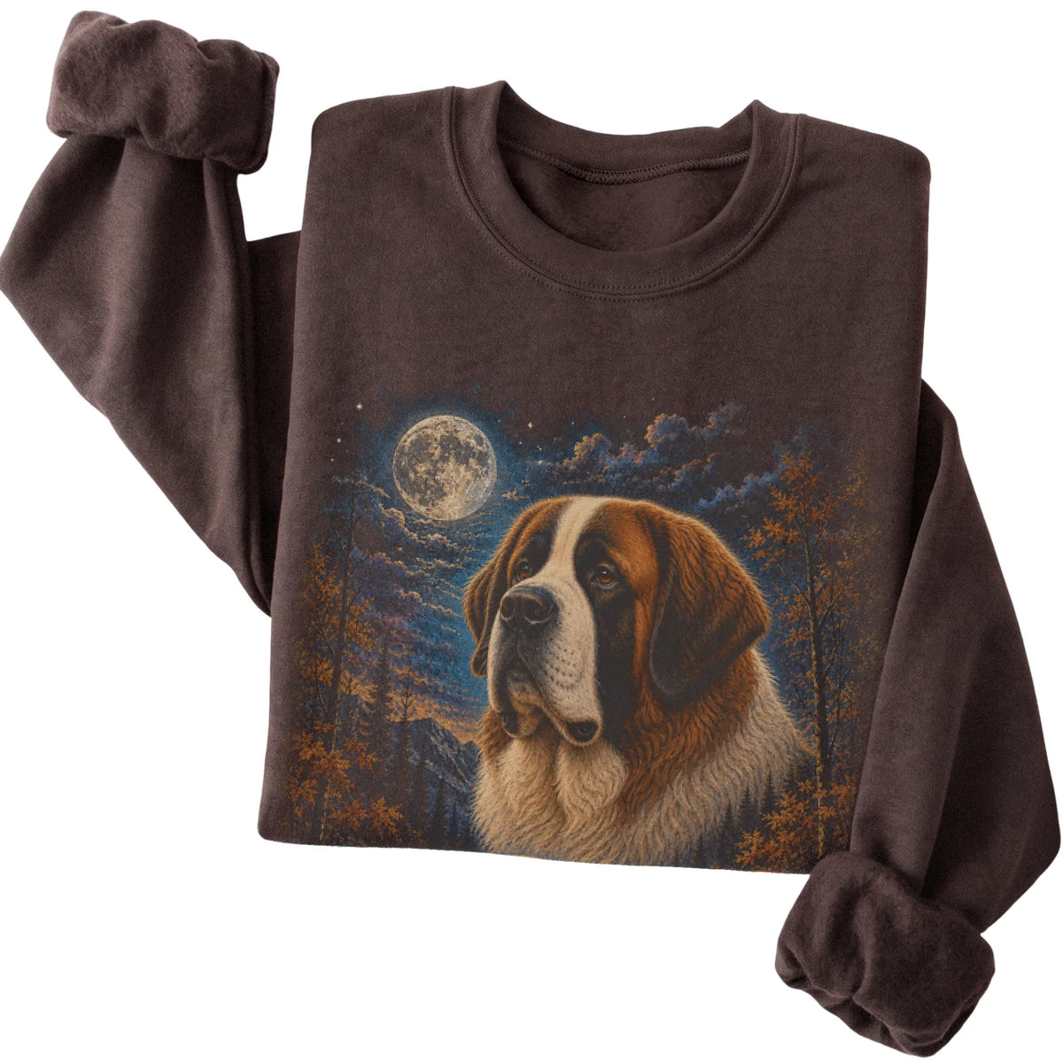 Folded dark chocolate sweatshirt with Saint Bernard Autumn Moon artwork.