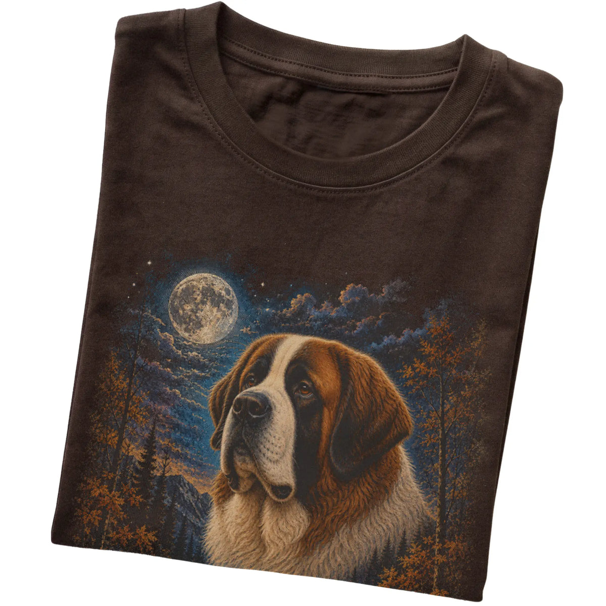 Folded dark chocolate T-shirt with Saint Bernard Autumn Moon artwork.