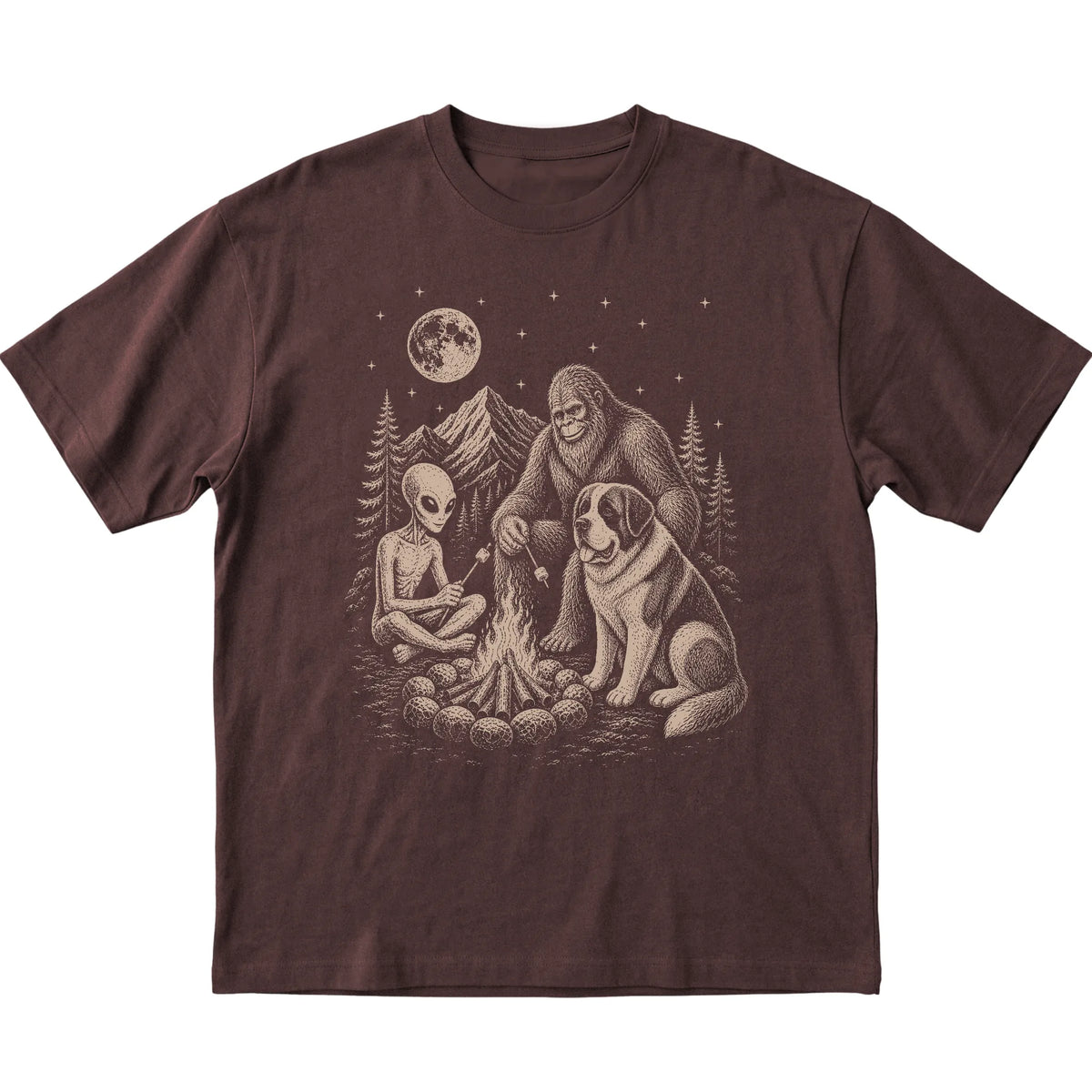 Dark Chocolate Saint Bernard Camping with Bigfoot and Alien shirt laid flat