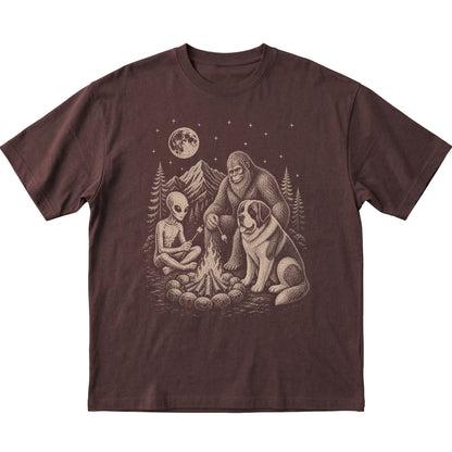 Dark Chocolate Saint Bernard Camping with Bigfoot and Alien shirt laid flat