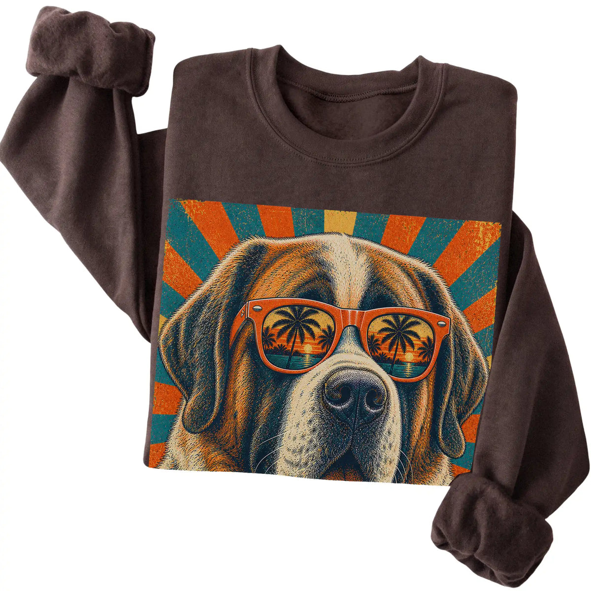 Folded Dark Chocolate crewneck sweatshirt with a Retro Saint Bernard Dad design