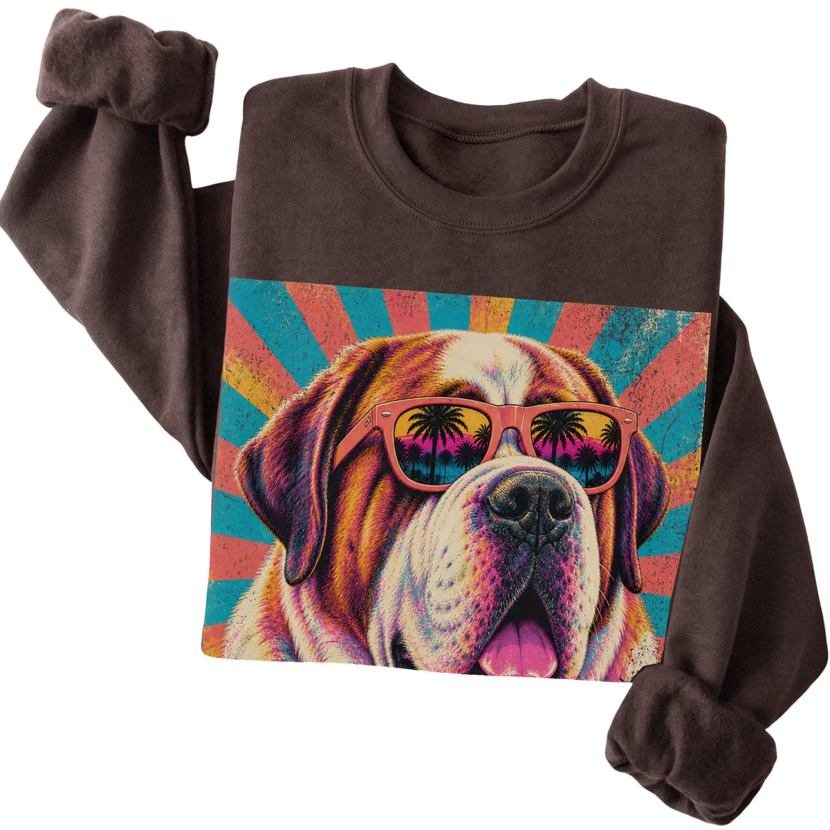 Folded Dark Chocolate crewneck sweatshirt with a Retro Saint Bernard Mama design