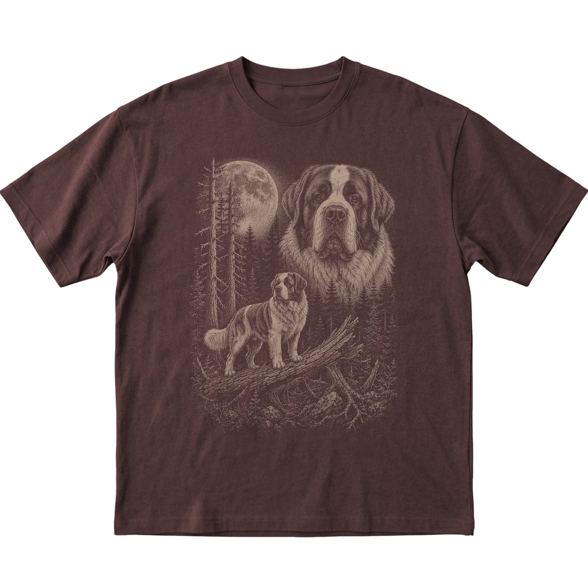 Saint Bernard Moonlit Forest graphic on a dark chocolate Softstyle T-shirt laid flat