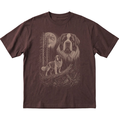 Saint Bernard Moonlit Forest graphic on a dark chocolate Softstyle T-shirt laid flat