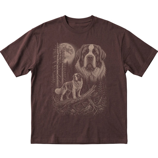 Saint Bernard Moonlit Forest graphic on a dark chocolate Softstyle T-shirt laid flat