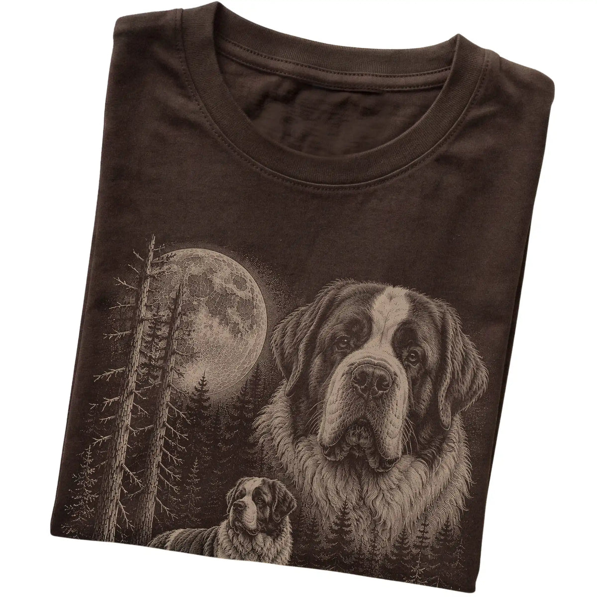 Folded dark chocolate Softstyle T-shirt showing the Saint Bernard Moonlit Forest graphic