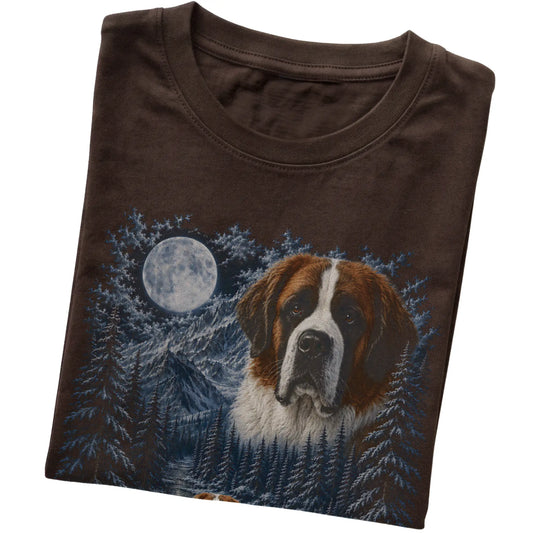 Folded dark chocolate T-shirt with Saint Bernard Winter Moon artwork.