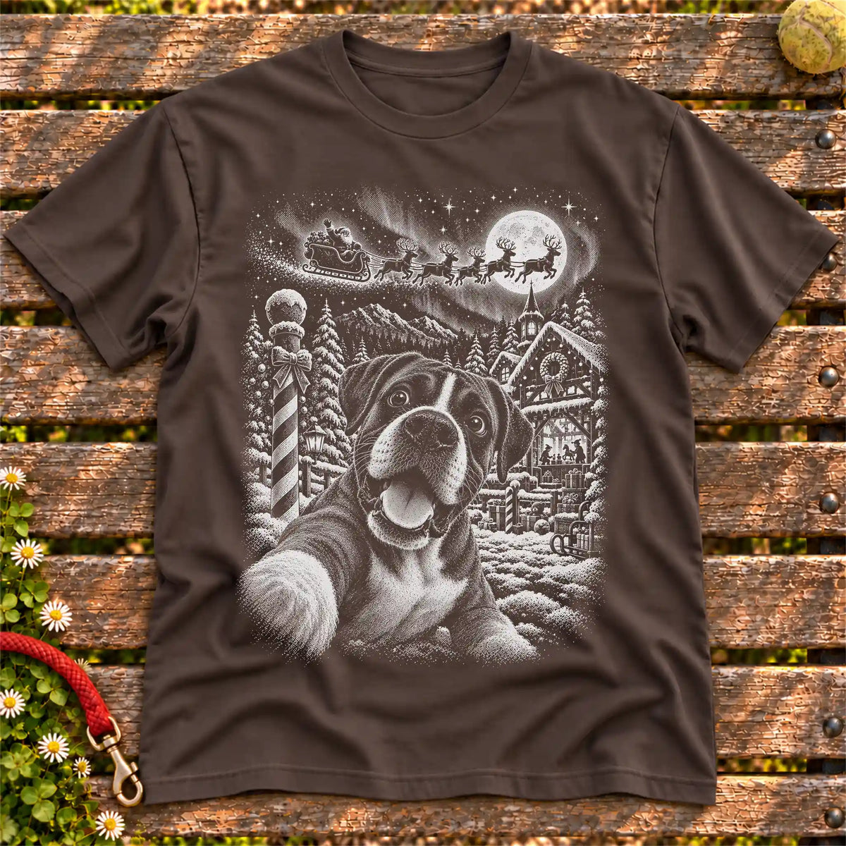Boxer Santa Selfie design on a Dark Chocolate T-shirt