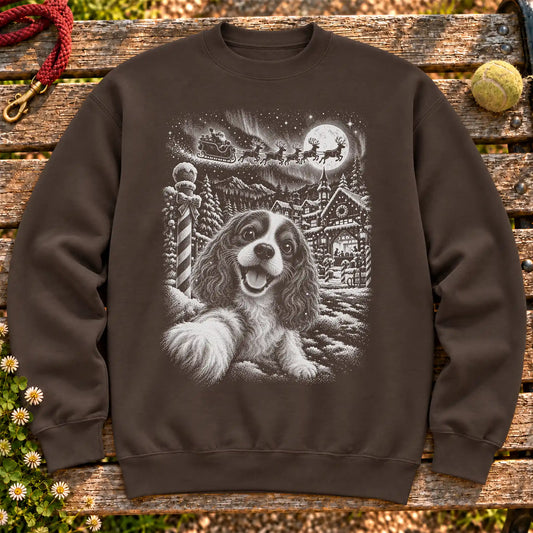 Cavalier King Charles Spaniel Santa Selfie design on a Dark Chocolate crewneck sweatshirt