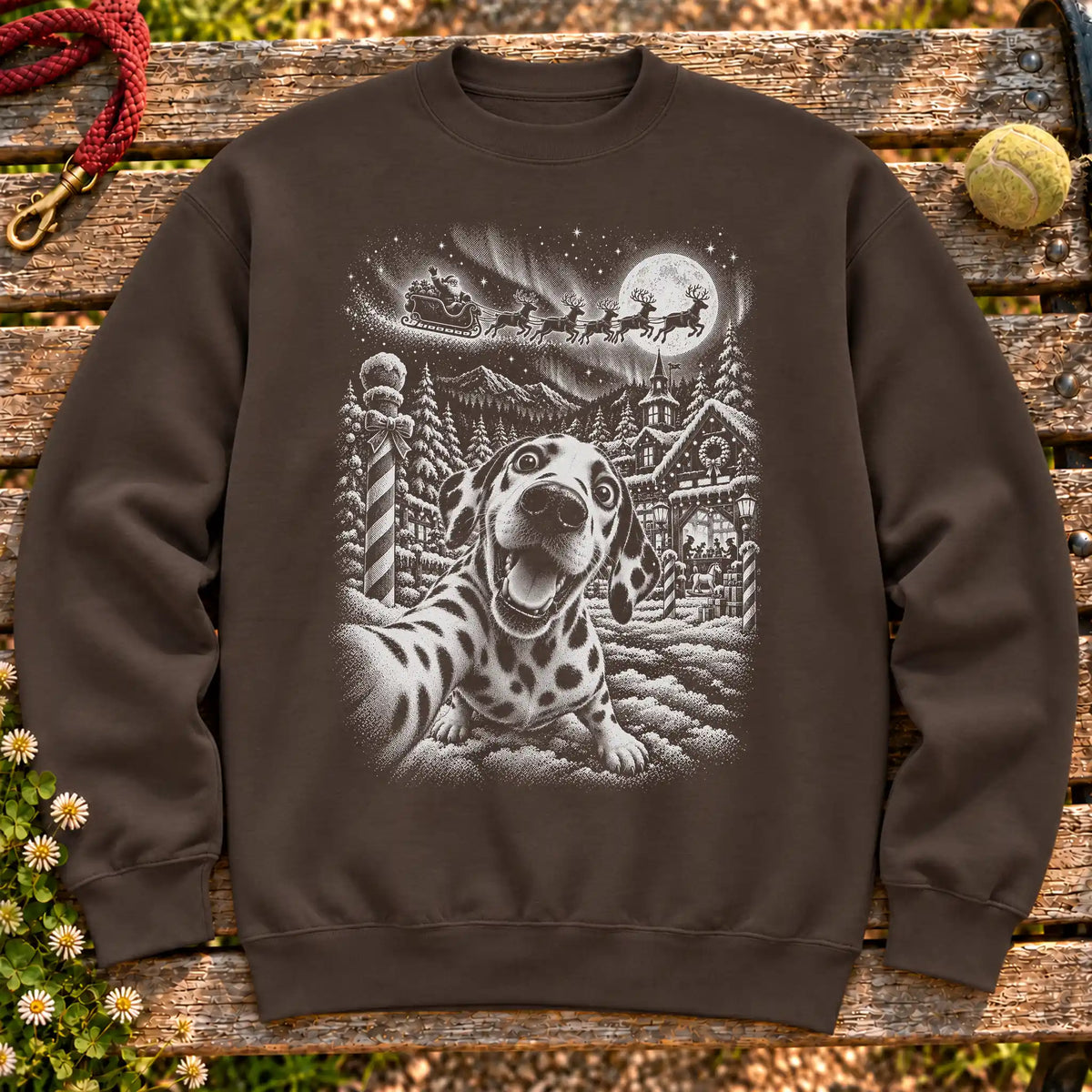 Dalmatian Santa Selfie design on a Dark Chocolate crewneck sweatshirt