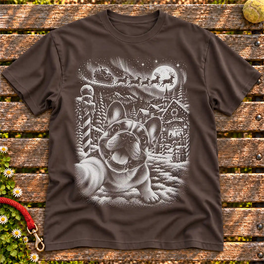 French Bulldog Santa Selfie design on a Dark Chocolate T-shirt