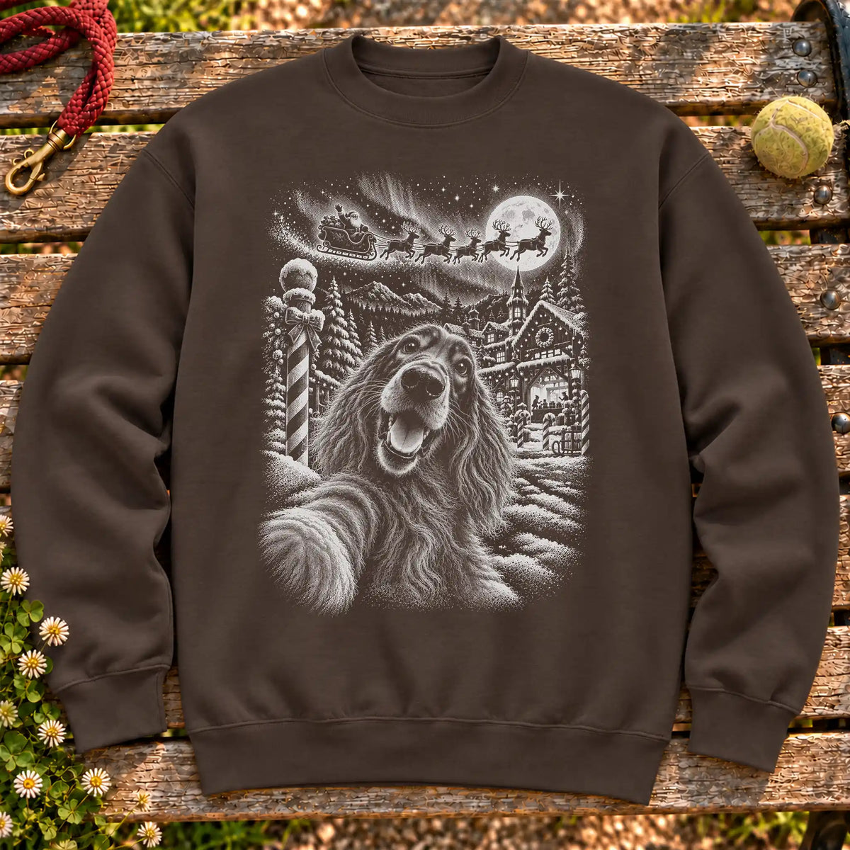Irish Setter Santa Selfie design on a Dark Chocolate crewneck sweatshirt