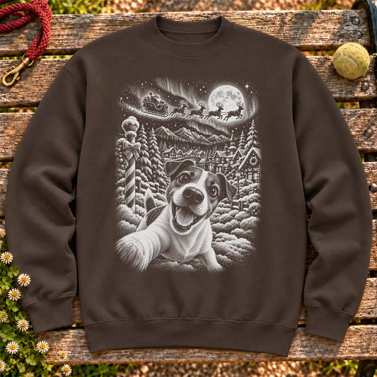 Jack Russell Santa Selfie design on a Dark Chocolate crewneck sweatshirt
