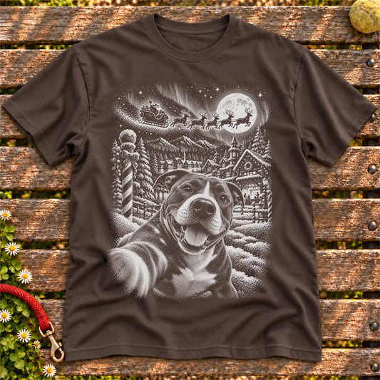Pitbull Santa Selfie design on a Dark Chocolate T-shirt