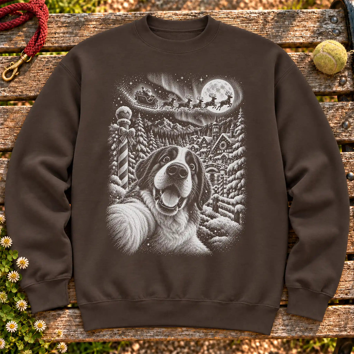 Saint Bernard Santa Selfie design on a Dark Chocolate crewneck sweatshirt