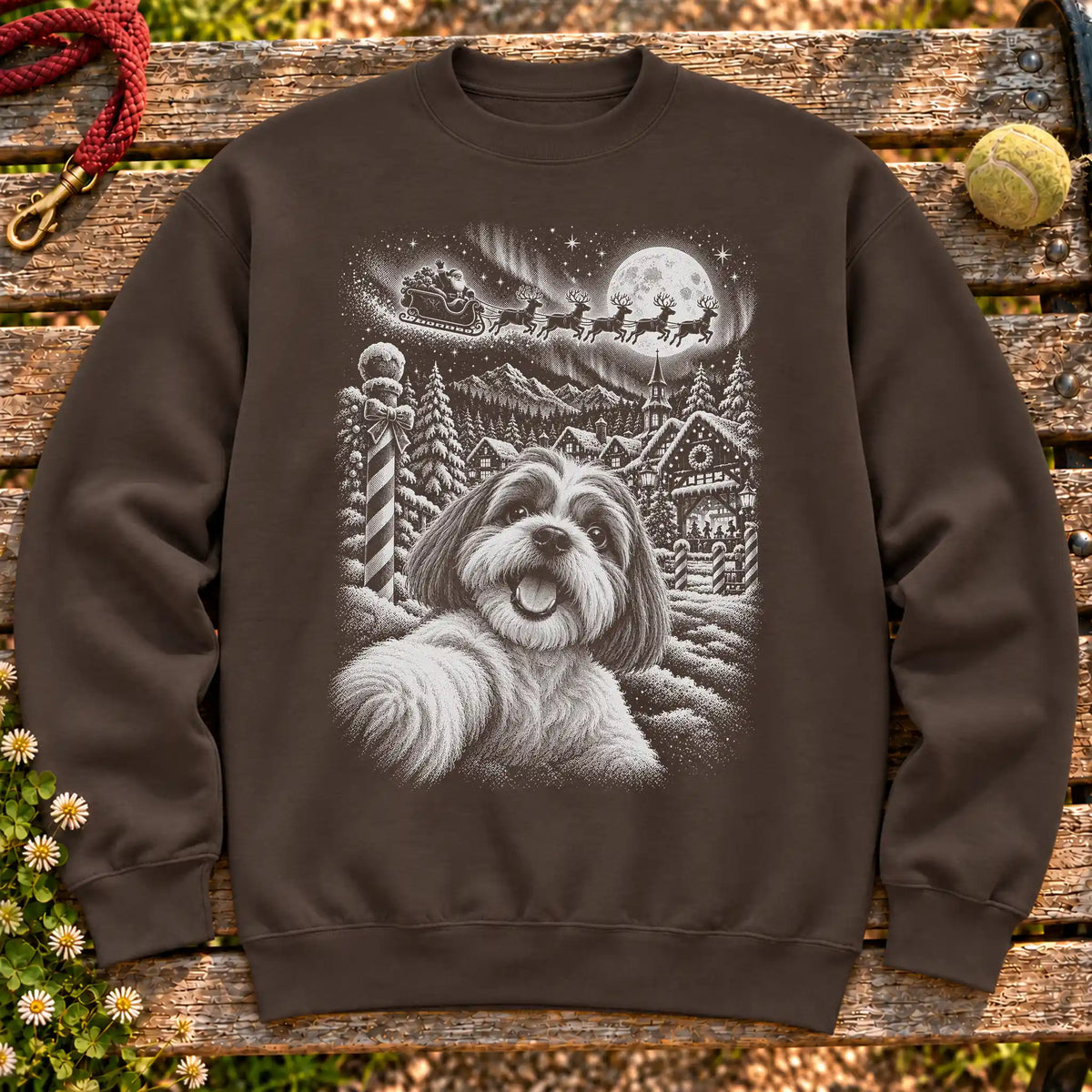 Shih Tzu Santa Selfie design on a Dark Chocolate crewneck sweatshirt