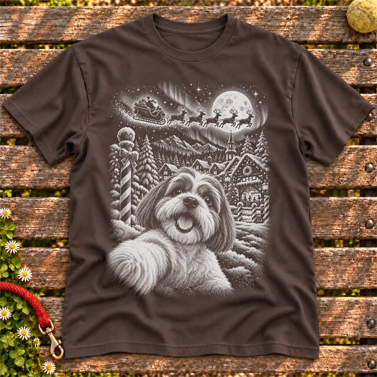 Shih Tzu Santa Selfie design on a Dark Chocolate T-shirt