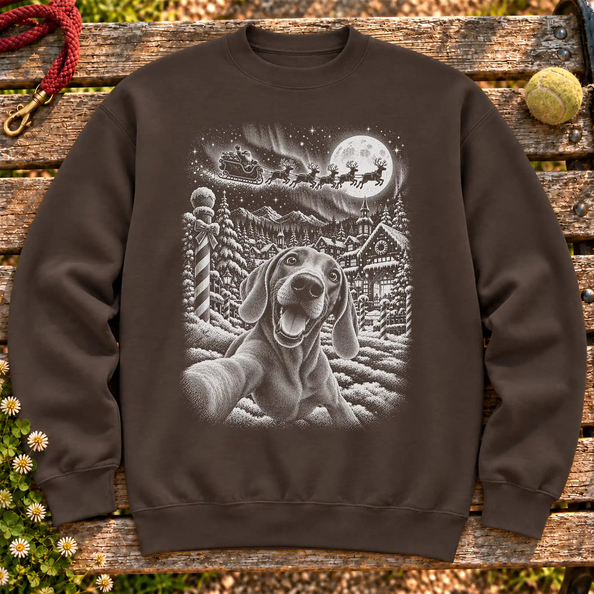 Weimaraner Santa Selfie design on a Dark Chocolate crewneck sweatshirt
