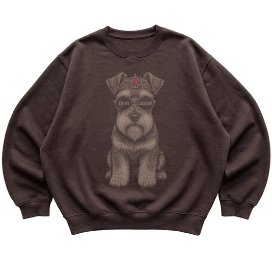 Dark Chocolate Schnauzer Ask My Assistant T-Shirt laid flat