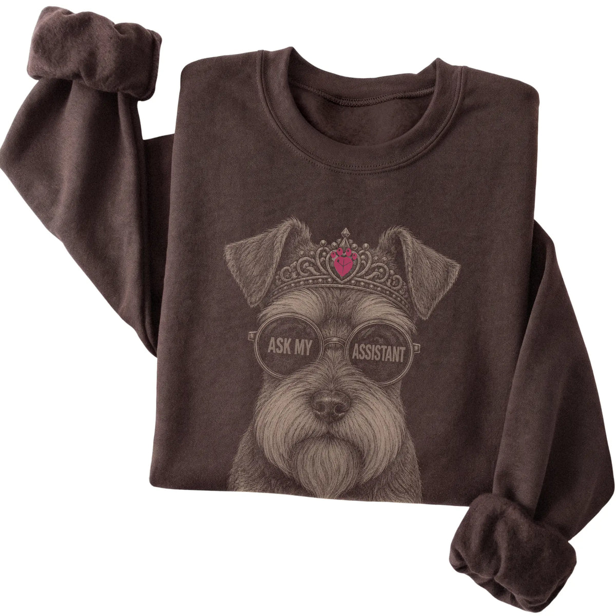 Dark Chocolate Schnauzer Ask My Assistant T-Shirt folded detail