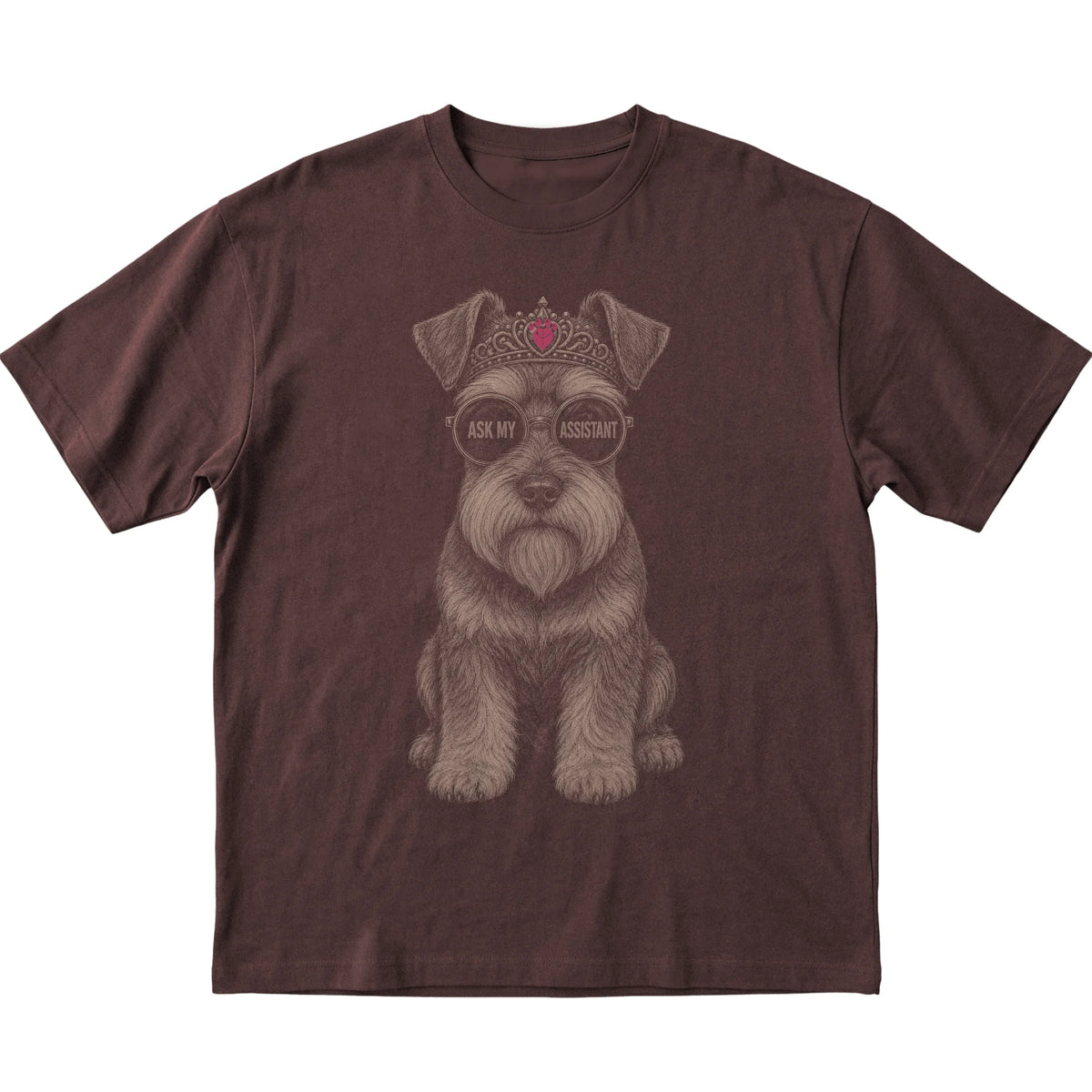 Dark Chocolate Schnauzer Ask My Assistant T-Shirt laid flat