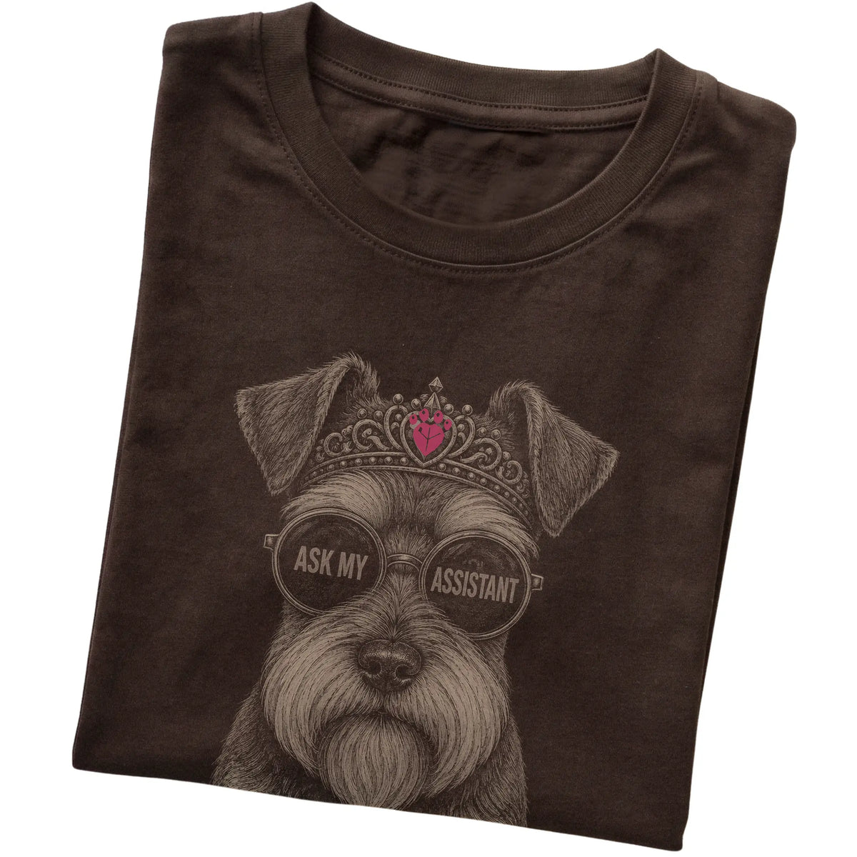 Dark Chocolate Schnauzer Ask My Assistant T-Shirt folded detail
