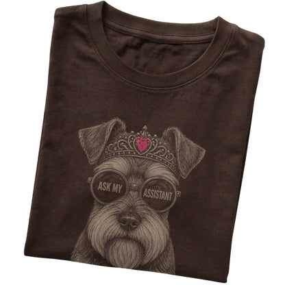 Dark Chocolate Schnauzer Ask My Assistant T-Shirt folded detail