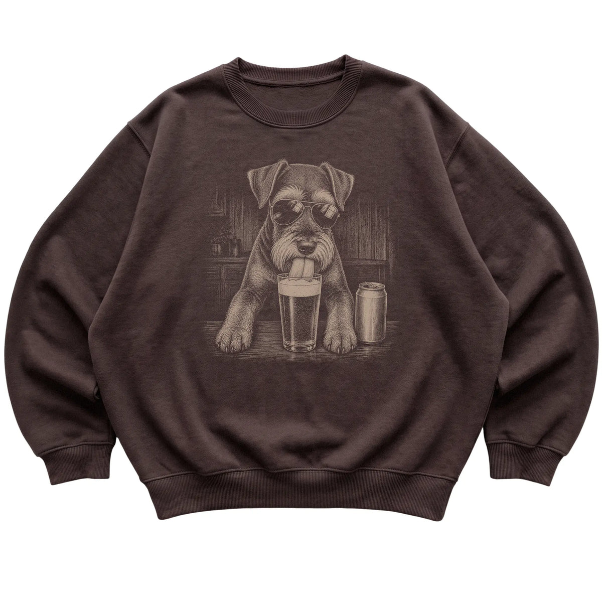 Dark Chocolate Schnauzer drinking from a pint at a bar, laid flat