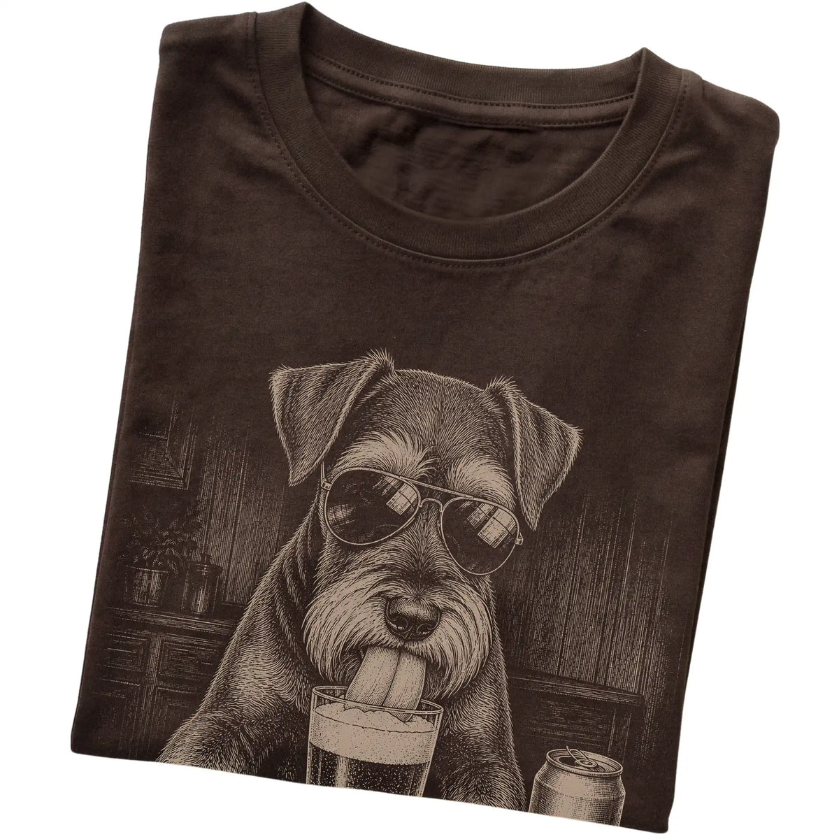 Dark Chocolate Schnauzer drinking from a pint at a bar, folded detail view