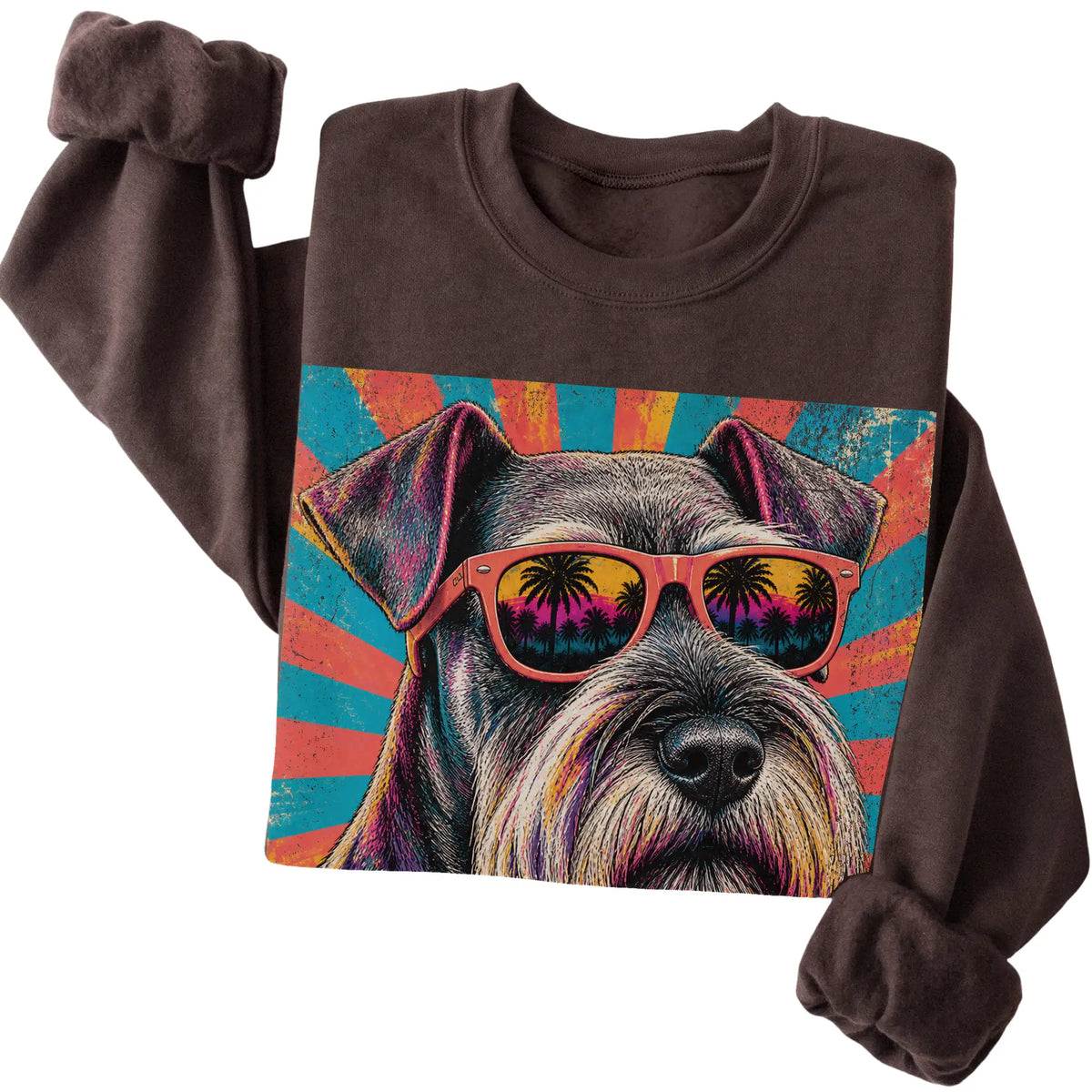 Folded Dark Chocolate crewneck sweatshirt with a Retro Schnauzer Mama design
