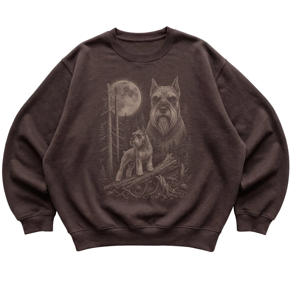Schnauzer Moonlit Forest graphic on a dark chocolate crewneck sweatshirt laid flat