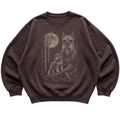 Schnauzer Moonlit Forest graphic on a dark chocolate crewneck sweatshirt laid flat