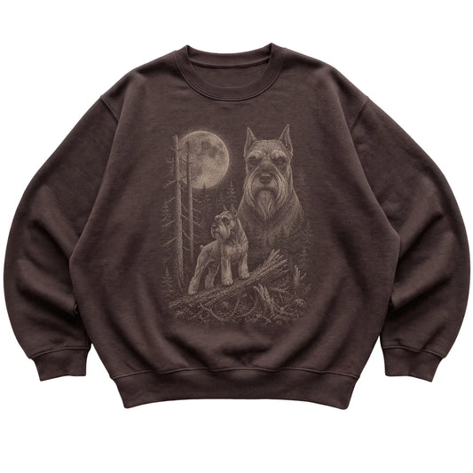 Schnauzer Moonlit Forest graphic on a dark chocolate crewneck sweatshirt laid flat