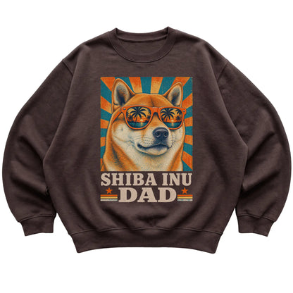 Retro Shiba Inu Dad design on a Dark Chocolate crewneck sweatshirt