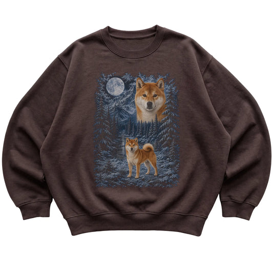 Shiba Inu Forest Moon Sweatshirt in Dark Chocolate