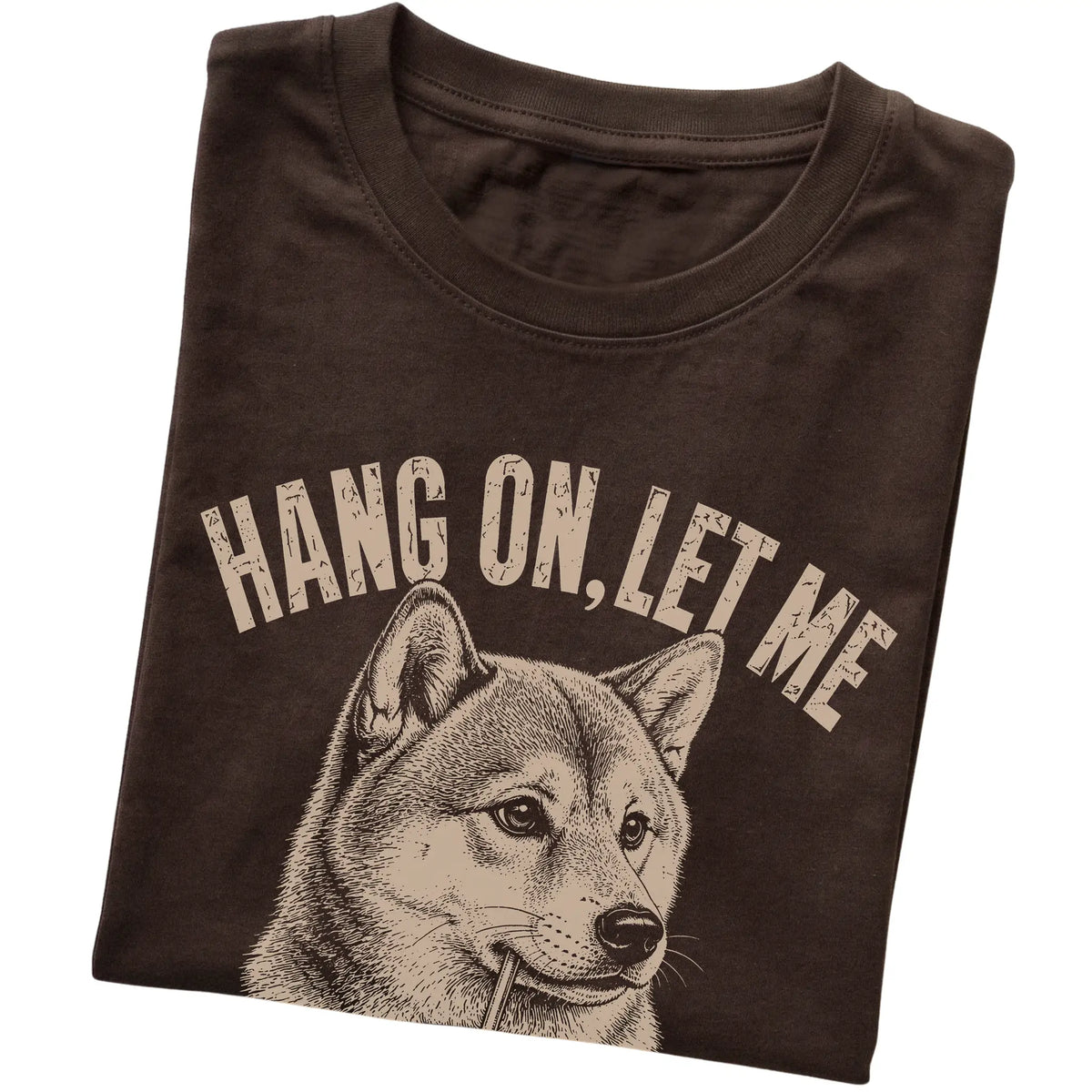 Dark Chocolate T-shirt featuring Overthinking Shiba Inu, folded presentation