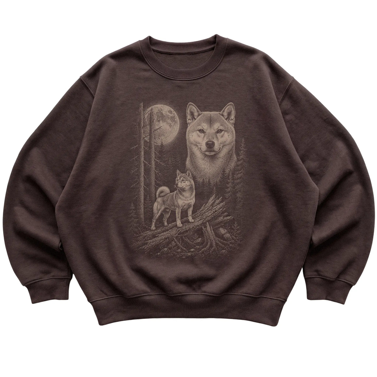 Shiba Inu Moonlit Forest graphic on a dark chocolate crewneck sweatshirt laid flat