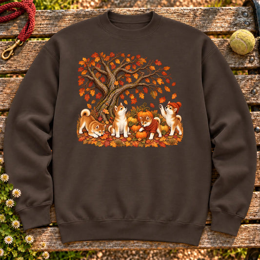 Four Shiba Inu puppies with pumpkins beneath an autumn tree on a Dark Chocolate crewneck sweatshirt
