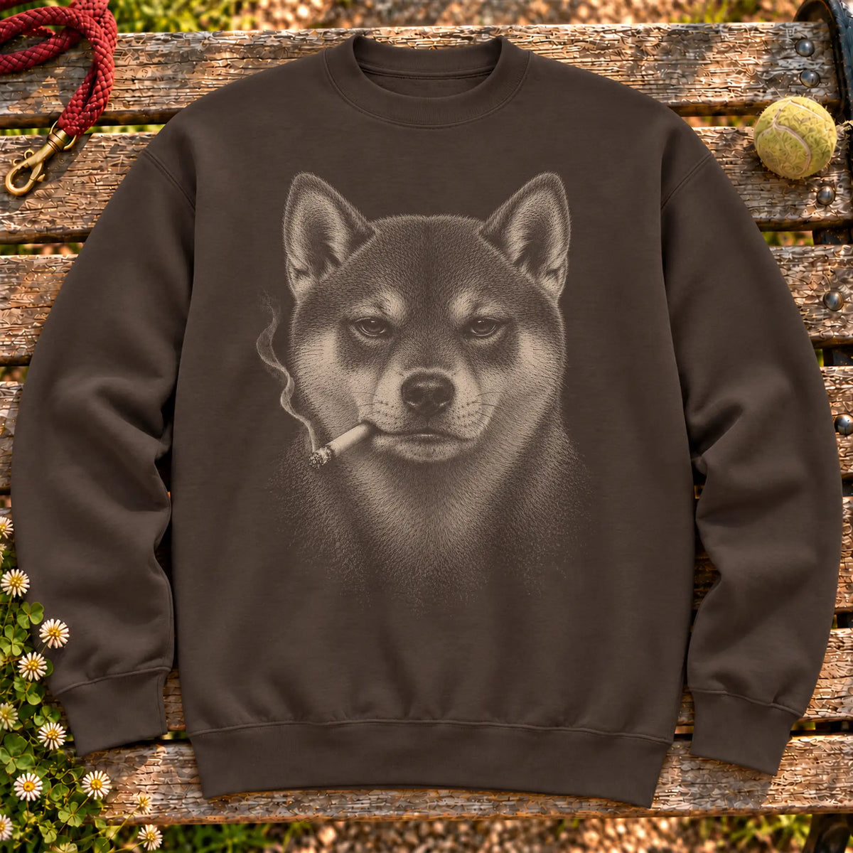 Shiba Inu smoking design on a Dark Chocolate sweatshirt