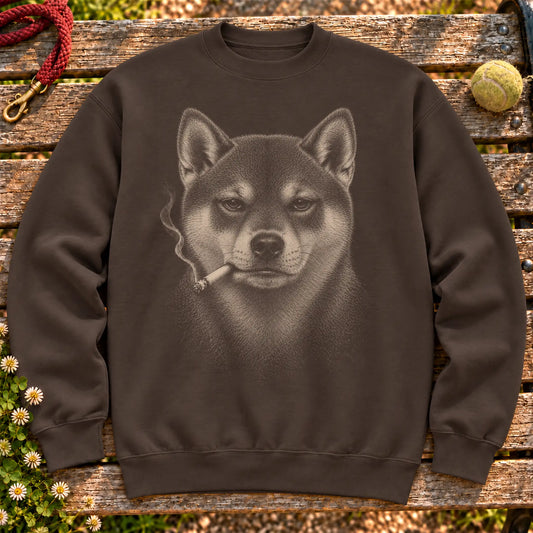 Shiba Inu smoking design on a Dark Chocolate sweatshirt