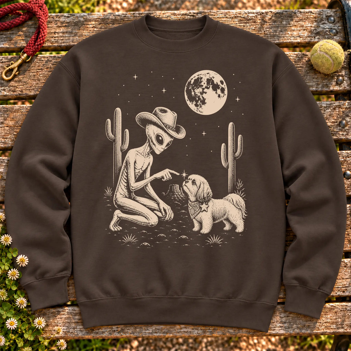Shih Tzu Cowboy and Alien on a Dark Chocolate crewneck sweatshirt, shown flat