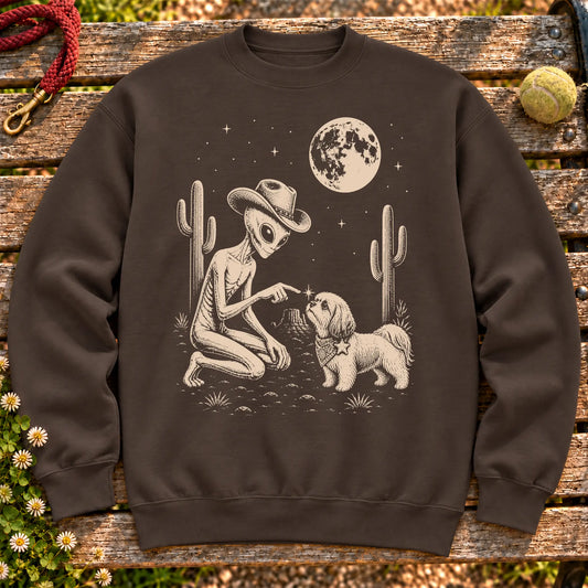 Shih Tzu Cowboy and Alien on a Dark Chocolate crewneck sweatshirt, shown flat