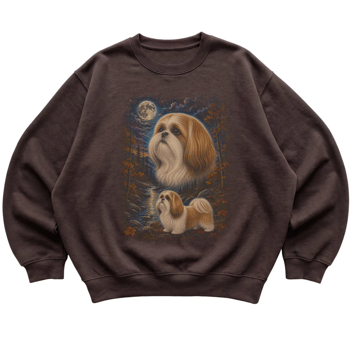 dark chocolate sweatshirt with Shih Tzu Autumn Moon artwork.