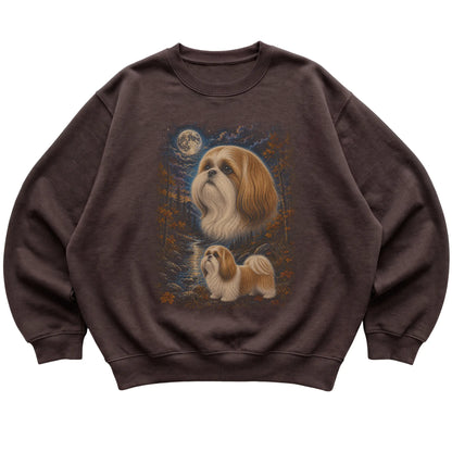 dark chocolate sweatshirt with Shih Tzu Autumn Moon artwork.
