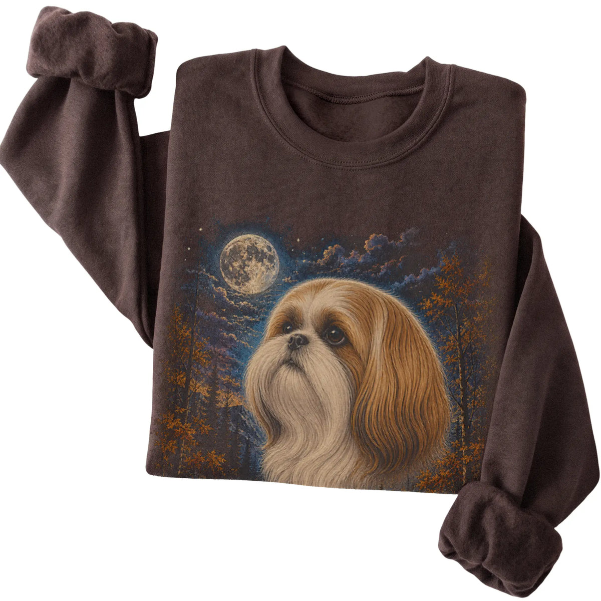 Folded dark chocolate sweatshirt with Shih Tzu Autumn Moon artwork.