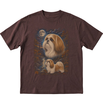 dark chocolate T-shirt with Shih Tzu Autumn Moon artwork.