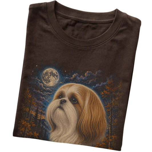 Folded dark chocolate T-shirt with Shih Tzu Autumn Moon artwork.