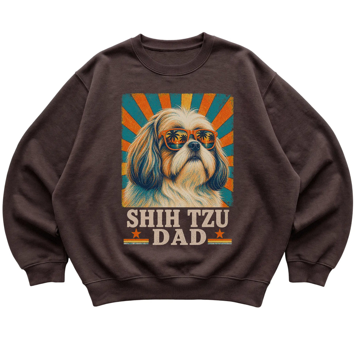 Retro Shih Tzu Dad design on a Dark Chocolate crewneck sweatshirt